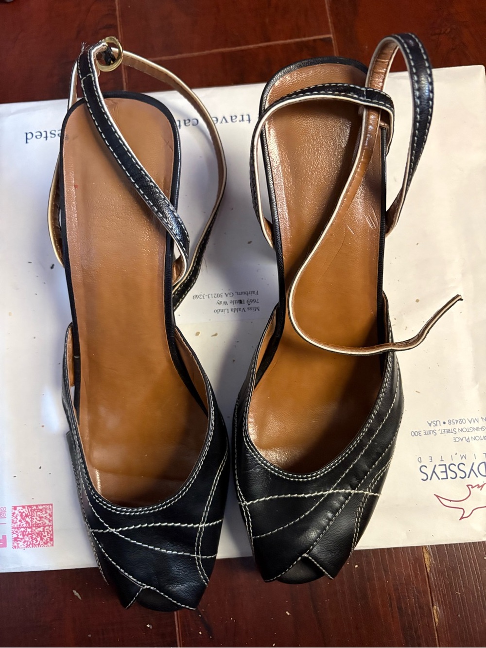 Nine West Black Peep-Toe Slingback Heels with White Stitching